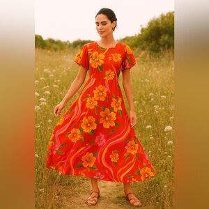 Vintage Liberty House of Hawaii Orange Floral Flutter Sleeve Maxi 🌻Small-Medium